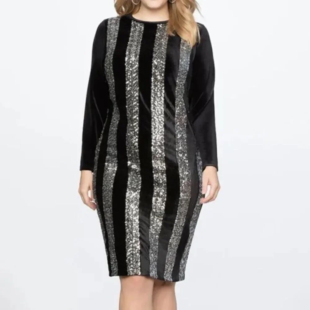 Eloquii Vertical Stripe Black and Silver Sequin Long Sleeve Column Midi Dress